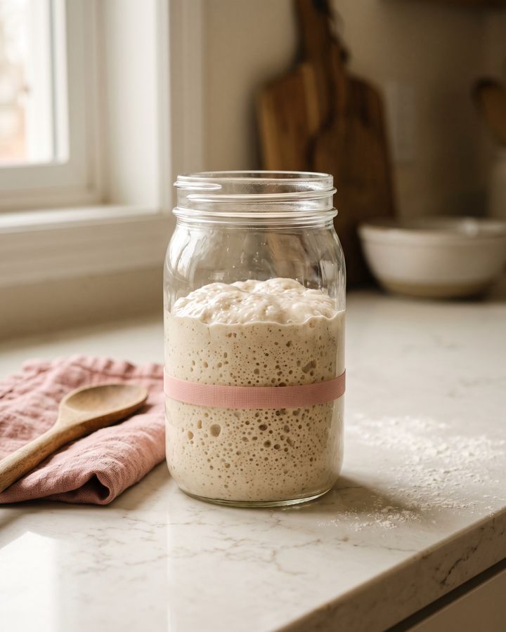 A jar of bubbly sourdough starter risen above a pink band on a kitchen counter